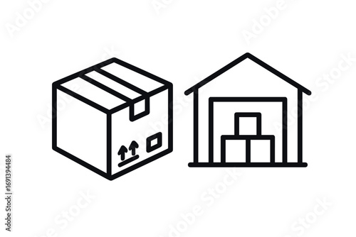 Warehouse and cardboard box icon set for logistics and shipping. Vector line art symbols for storage, cargo, freight, delivery, inventory, and supply chain management.