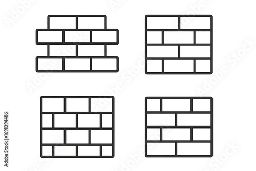 Brick wall line icon collection. Masonry and brickwork vector icon set. Construction symbols. Building barrier outline pictogram. Editable stroke. Stonework graphic element.