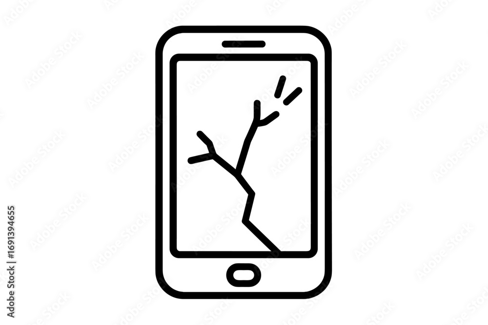 Broken smartphone outline icon with cracked screen. Damaged mobile phone needing repair. Vector line symbol for service. Gadget problem, cellphone crash, smashed display.