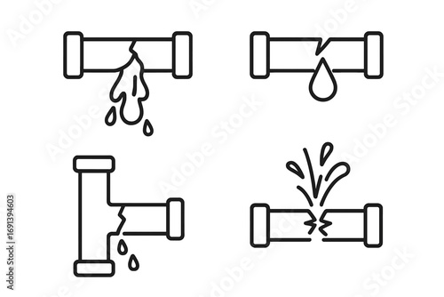 Broken pipe line icon set for plumbing problems. Water leak, burst pipeline, and leakage concepts. Vector illustration of dripping, cracked tube, and water damage. Editable stroke.