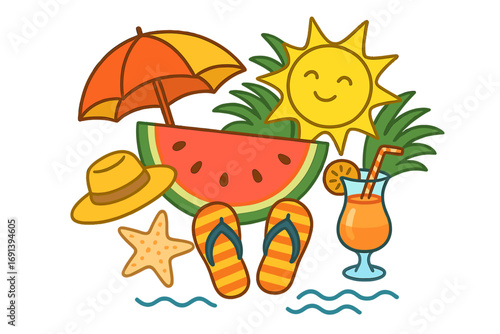 Summer beach vacation icon set. Vector cartoon illustration of tropical holiday elements. Sun, umbrella, watermelon, cocktail, hat, flip flops, starfish. Isolated clip art.