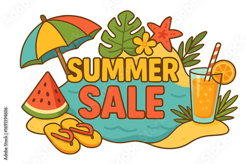 Summer sale cartoon banner design. Vector beach illustration for promotion. Tropical vacation sticker with umbrella, watermelon, juice, flip flops. Advertising concept.