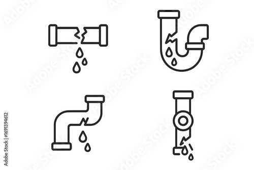 Broken pipe line icon set. Water leak, plumbing problem, burst pipeline concept. Leaking tube, drainage damage, sewerage trouble. Vector outline pictogram. Editable stroke.