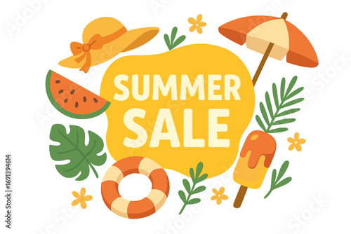 Summer sale vector banner design. Cartoon illustration for seasonal promotion with beach elements. Tropical vacation concept with watermelon, ice cream, sun hat and umbrella.