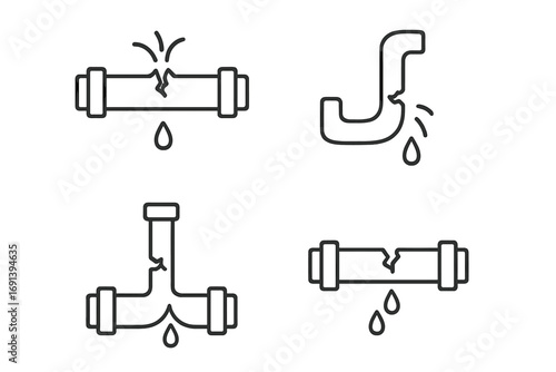 Broken pipe line icon set. Water leak, burst pipeline, plumbing damage concept. Simple outline vector illustration for emergency repair service, drainage problem, leakage.