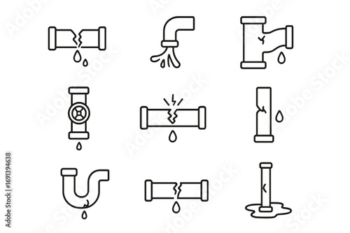 Broken pipes thin line icon set. Plumbing problems vector illustration collection. Water leak, damage, burst pipe, leakage, and pipeline outline pictograms. Editable stroke.