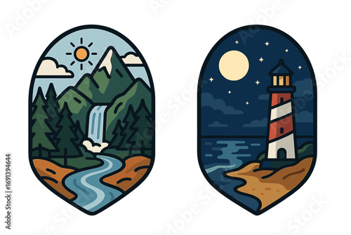 Day and night landscape badge set. Mountain waterfall river logo. Lighthouse sea coast emblem. Outdoor adventure, travel sticker collection. Sun, moon vector illustration.