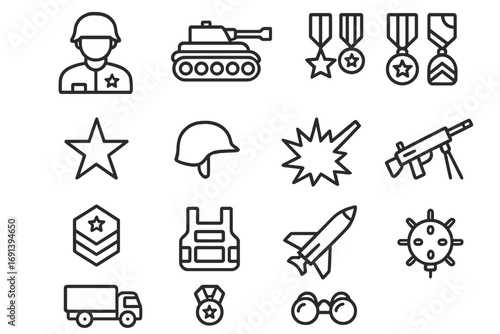 Army and military line icon set. Soldier, tank, weapon, and war symbols. Vector defense and combat outline pictograms for web design, apps, and infographics. Battle icons.
