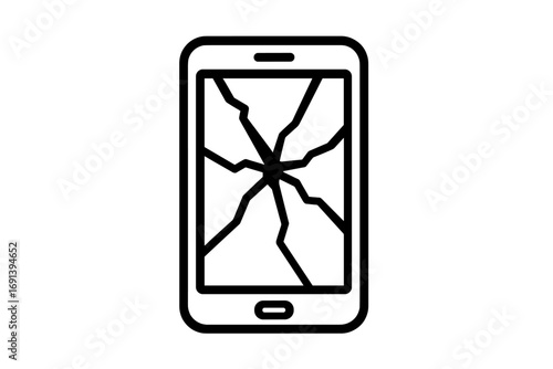 Broken smartphone icon with a cracked screen. Damaged mobile phone symbol for repair service. Vector outline illustration for web design, apps, and print media concept.