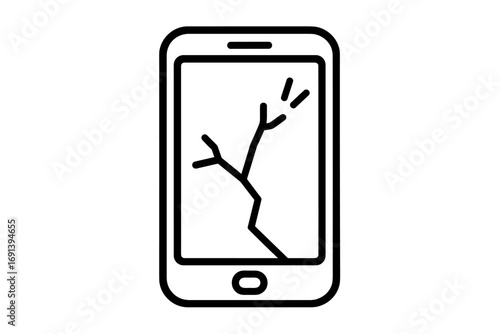 Broken smartphone outline icon with cracked screen. Damaged mobile phone needing repair. Vector line symbol for service. Gadget problem, cellphone crash, smashed display.