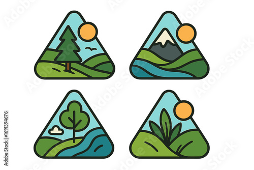Set of outdoor adventure logo badges. Nature landscape icons with mountain, pine tree, river, and sun. Vector emblem collection for travel, camping, hiking sticker or patch.