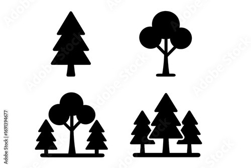 Tree icon set with simple black silhouettes. Pine, fir, and deciduous tree symbols for forest or park themes. Vector graphic elements for web design, logos, and nature concepts.