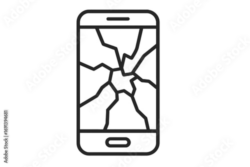 Broken smartphone with cracked screen. Line icon. Vector illustration. Phone repair service concept. Damaged mobile device symbol. Gadget needs fixing. Cellphone accident.