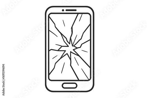 Broken smartphone with cracked screen. Line icon of a damaged phone. Vector illustration for mobile repair service, warranty or insurance. Damaged gadget display symbol.