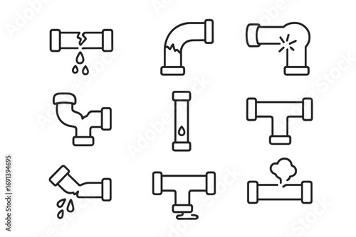 Broken pipe line icon set. Plumbing problems concept. Vector collection of leaking pipes, water damage, burst pipeline, and drainage issues. For maintenance or repair service.