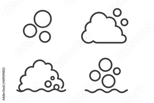 Bubble and foam line icon set for soap, suds, and water effects. Vector illustration of fizzy, effervescent, and carbonated liquid. Clean, simple pictogram collection.