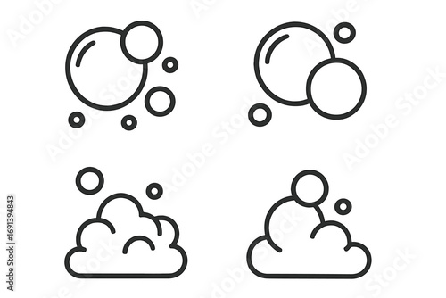 Soap bubble and foam line icon set vector. Suds, shampoo, and lather pictogram for cleaning and washing. Effervescent, fizzy carbonated water, soda, or beer symbol.