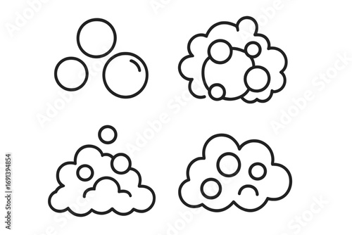 Soap suds, lather, fizzy pop, soda bubbles. Line icon symbol set. Clean, wash concept. Water, liquid, aqua. Vector cartoon illustration of different foam shapes & sad emoji.