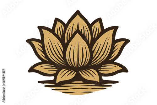 Vintage golden lotus flower logo with water reflection. Retro woodcut symbol for yoga, spa, and wellness. Zen spiritual icon of harmony, beauty, meditation, and nature.