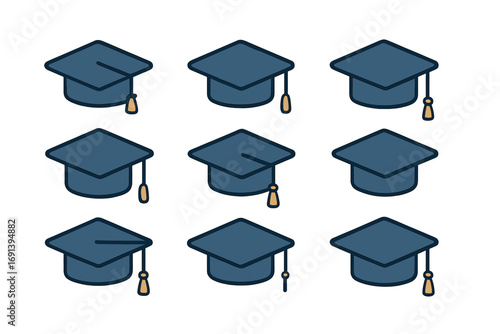 Simple linear filled color icon of square academic cap with tassel, minimalistic graduation hat pictogram for web design, apps, banners, social media graphics, and cards, education symbol vector