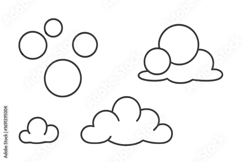 Bubble and foam outline set. Simple linear vector icons for soap suds, shampoo, and fizzy drinks. Minimalist graphic elements for cleaning, washing, water, and detergent.