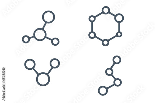 Molecule icon set. Chemical structure and atomic bond outline icons. Science, chemistry, and physics symbols. Molecular connection, network, and formula vector illustration.