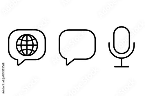 Talking outline simple icons bundle with speech bubble globe and microphone symbols for communication, global chat, voice interaction apps, concept graphics, vector cartoon illustration