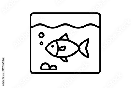 Aquarium line icon with a fish. Minimalist fish tank vector pictogram for web design, apps, or pet shop logo. Simple underwater aquatic animal symbol with water bubbles.