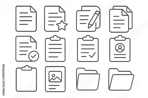 Document line icon set. Files, folder, clipboard, and checklist symbols. Office data management, edit contract, resume, and approved report outline vector pictograms.