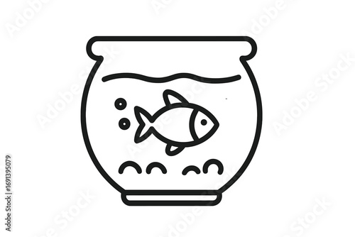 Fishbowl with a single fish line icon. Simple aquarium pictogram. Pet shop logo concept. Aquatic animal in water. Minimalist outline vector illustration for web, apps.