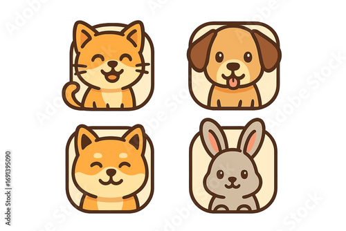 Cute pet animal icon set. Vector cartoon cat, dog, shiba inu, rabbit characters. Kawaii happy animal head logo collection for kids, veterinary or pet shop brand mascot.