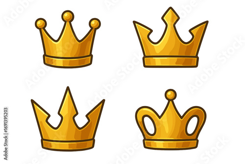 Golden crown cartoon icon set. Royal king or queen headwear. Vector logo template for games. Symbol of royalty, power, luxury, success. Shiny gold award graphic element collection.