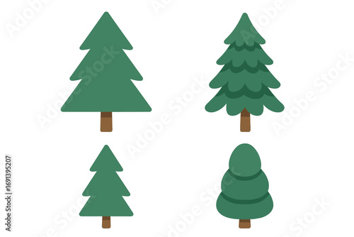 Forest tree icons set, cartoon green pine and fir trees with brown trunks, vector illustration for graphic design, website, cards, books, articles, nature landscape elements, ordered collection