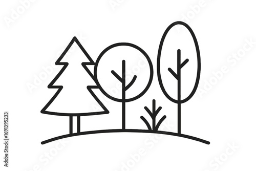 Simple black line art trees pictogram set for graphic design, web, cards, books, articles, forest vector illustration, cartoon style with transparent background, nature elements