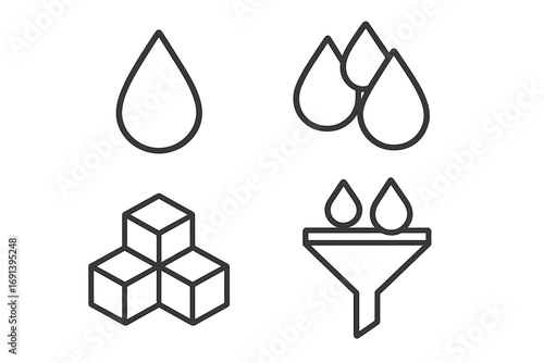 Water drop and filter line icon set. Minimalistic vector icons for purification, liquid, sugar, and ice cubes. Graphic elements for web design, apps, and infographics.