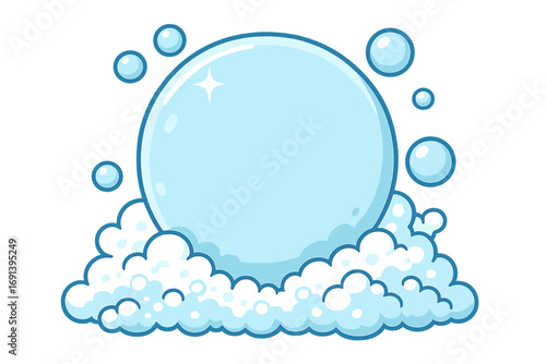 Soap bubble and foam symbol for copy space. Blue lather suds vector icon. Cartoon illustration for cleaning, washing, hygiene concept. Shiny aqua design for web, ads, cards.