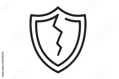 Cracked shield linear icon. Broken protection symbol. Concept of vulnerability, risk, insecurity, data breach, and danger. Unsafe defense and weak privacy sign. Vector logo.