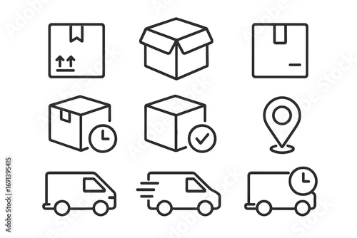 Delivery service line icon set for shipping and logistics. E-commerce symbols for package tracking, fast freight, and distribution. Box, parcel, and van vector icons.