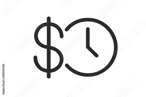 Time is money concept icon. Dollar sign and clock. Financial planning, investment period, and business management. Salary, wage, and loan payment deadline vector logo.