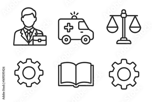 Professional services line icon set. Vector symbols for web and mobile apps. Includes justice, medical, education, and industry pictograms. Outline signs for graphic design.