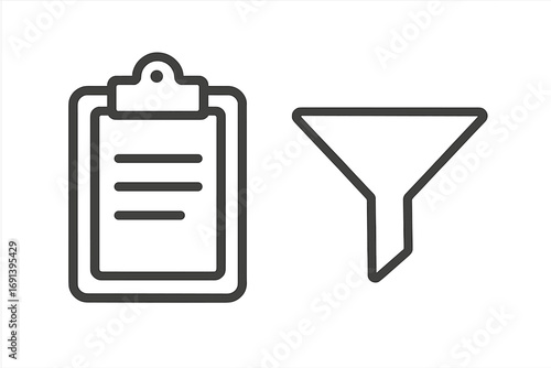 Clipboard and funnel line icon. Concept for data filtering, sorting information, document analysis, and lead generation. Vector for criteria selection, sales funnel, reports.