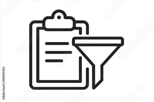 Clipboard and funnel line icon for data filtering, processing, and analysis. Vector illustration of a sales funnel, lead generation, and workflow optimization concept for web.