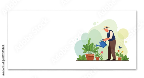 Senior Man Gardening Watering Plants Hobby Retirement Happy Elderly Person