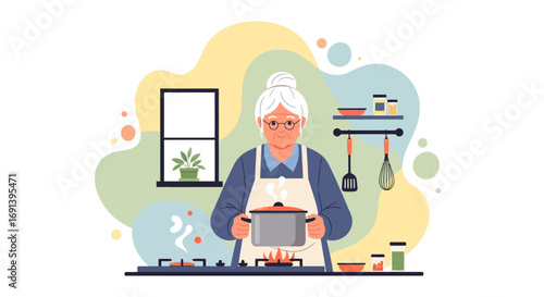 Happy Grandmother Cooking Delicious Food in Kitchen Stock Photo