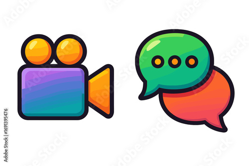 Video camera and chat bubble icons. Colorful cartoon vector illustration set for live streaming, online communication, social media app, video conference, and messaging.