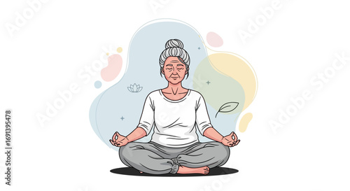 Serene Senior Woman Meditating Mindfulness Yoga and Peace Illustration