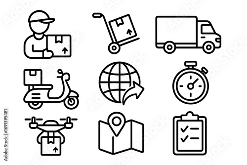 Delivery service line icon set. Logistics and shipping symbols collection. Courier, truck, drone, scooter, worldwide shipping, package tracking, fast delivery vector icons.