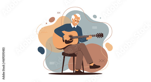 Happy Senior Man Playing Acoustic Guitar Music Hobby Retirement Elderly Lifestyle Illustration