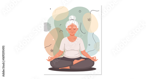 Serene Senior Woman Meditating Mindfulness Yoga and Peace Illustration