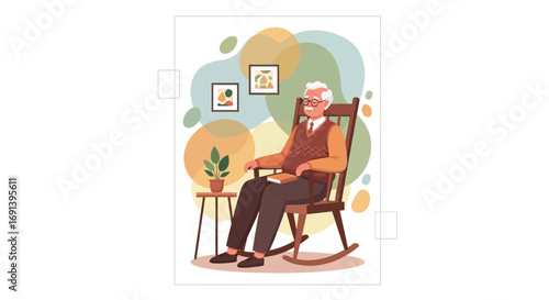 Happy Senior Citizen Relaxing in Rocking Chair at Home Reading a Book